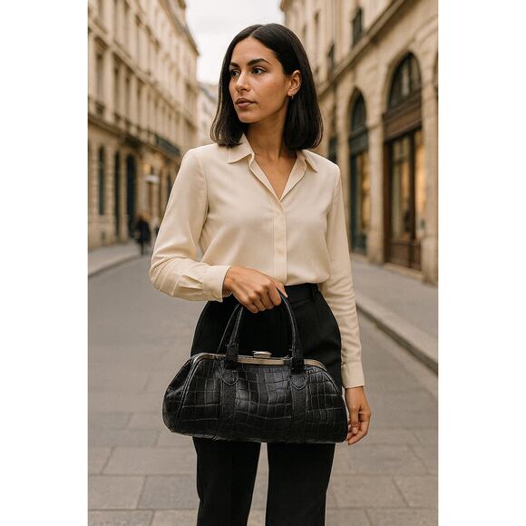 Etro Satchel Bag Black Embossed Leather Top Handle Doctor Frame Handbag Italy - Picture 1 of 15
